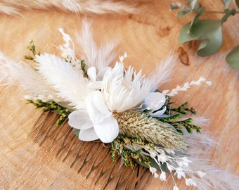 Peigne fleurs séchées et stabilisées- Peigne fleuri mariage blanc et vert- eucalyptus et herbe de pampa-Peigne Mariée- Demoiselle d'honneur