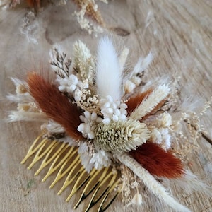 Dried and stabilized flower comb in terracotta and beige - Wedding comb - Boho floral comb - Pampas comb