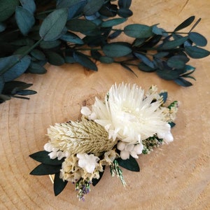 Peigne Barette pince de fleurs séchées et stabilisées fleurs verte et crème peigne eucalyptus Peigne mariage image 7