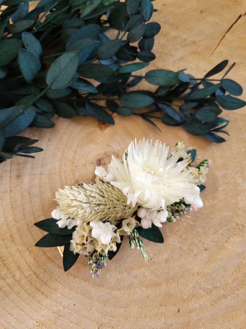 Peigne Barette pince de fleurs séchées et stabilisées fleurs verte et crème peigne eucalyptus Peigne mariage image 7