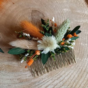 Peigne de fleurs séchées et stabilisées orange terracotta, vert et crème Accessoire coiffure mariage Peigne mariage bohème image 4
