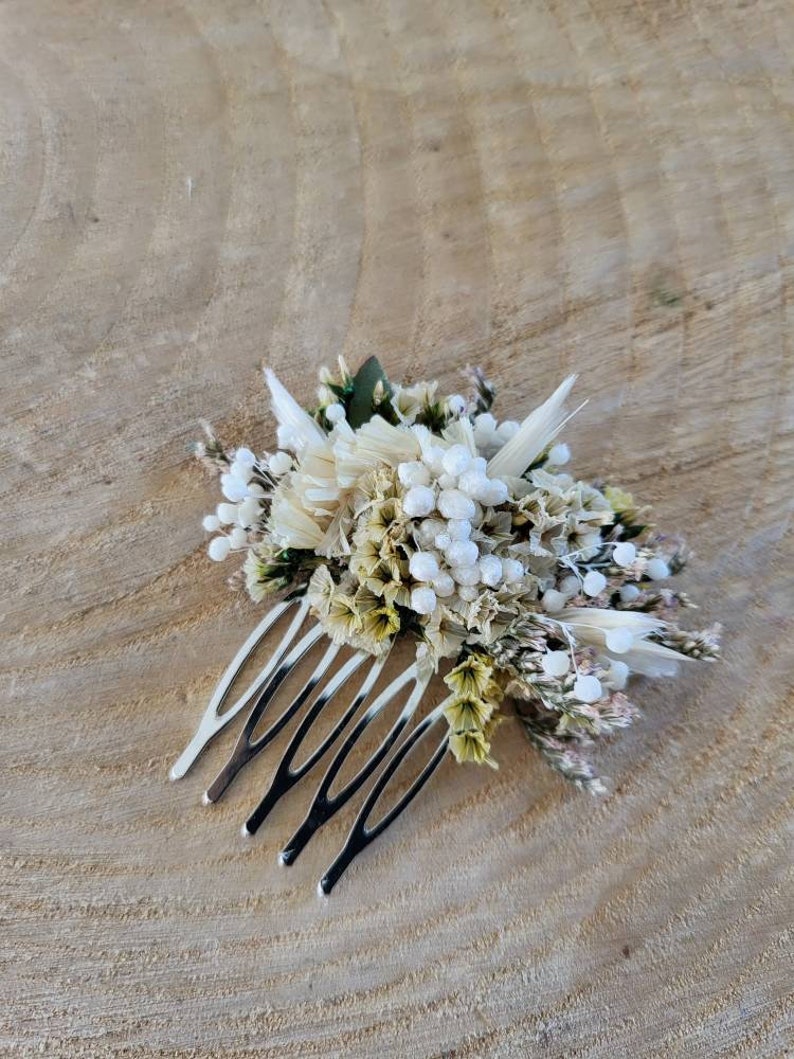 Petit peigne en fleurs séchées et stabilisées Accessoire coiffure Peigne floral Mariage Mariée Demoiselle d'honneur Peigne argenté