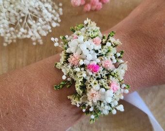 Bracelet en fleurs séchées &stabilisées blanc vert et rose Mariage/Mariée/Demoiselle d'honneur Accessoires fleuris, bracelet fleurs blanches