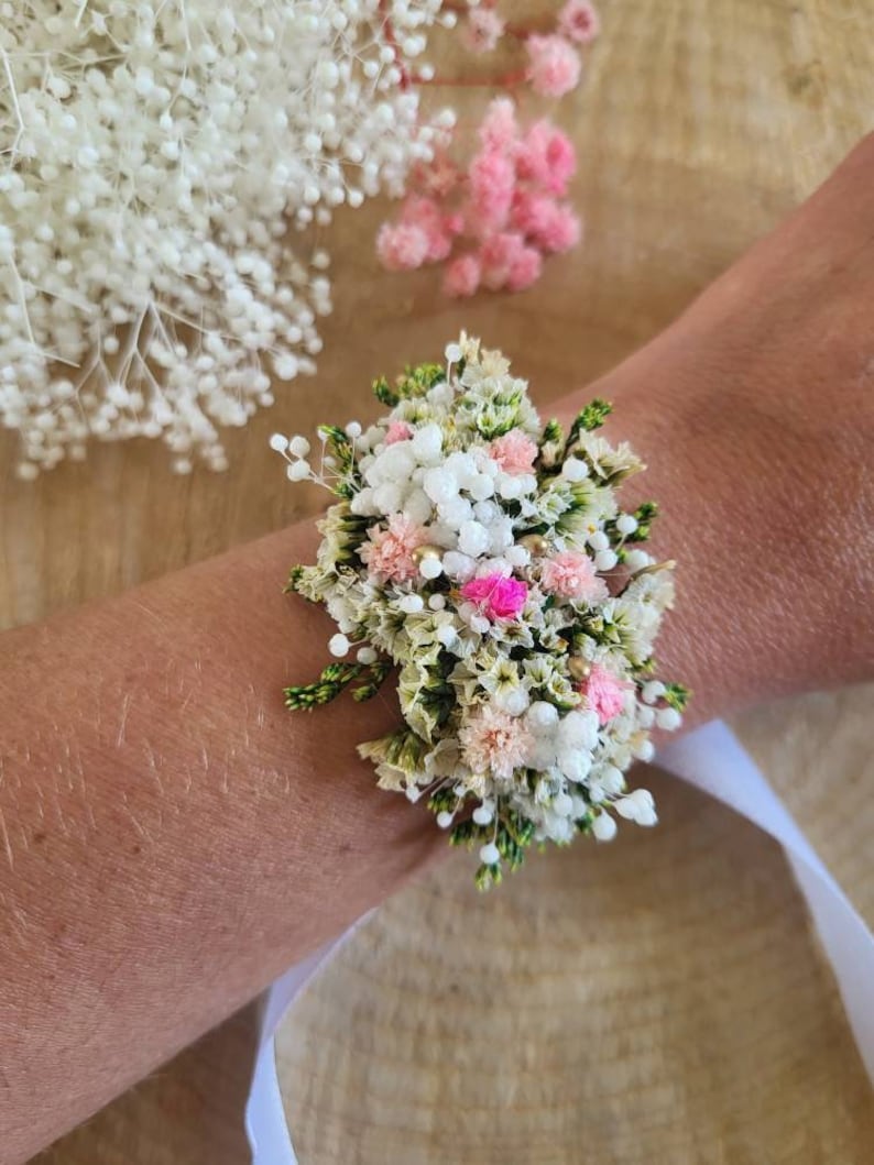 Dried & stabilized white, green and pink flower bracelet Wedding/Bride/Bridesmaid Flower accessories, white flower bracelet image 1