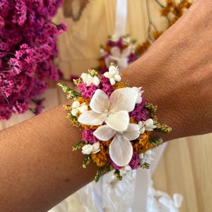 Dried & preserved flower ribbon wedding bracelet in pink, green, blue, yellow, orange, and fuchsia. Bride/bridesmaid bracelet. Children's bracelet. fushia orange