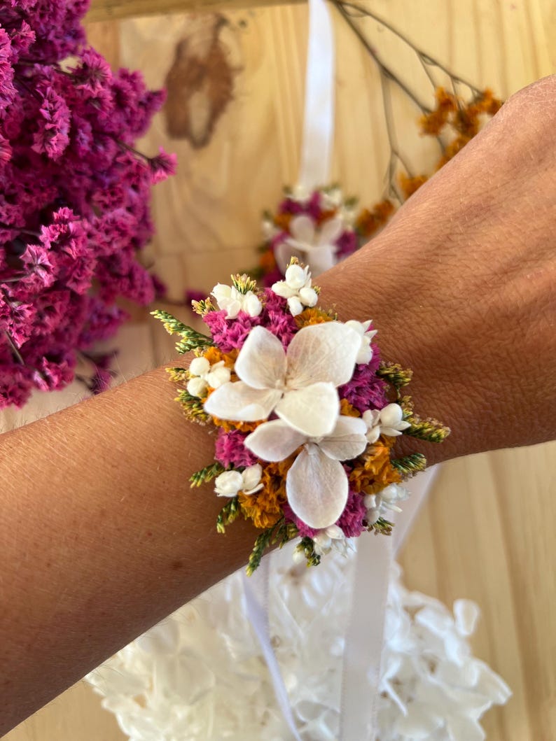 Dried & preserved flower ribbon wedding bracelet in pink, green, blue, yellow, orange, and fuchsia. Bride/bridesmaid bracelet. Children's bracelet. fushia orange
