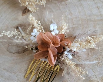 Peigne de fleurs séchées& stabilisées crème, doré et terracotta clair- Peigne pampa Peigne mariage -Peigne fleuri Accessoire coiffure mariée