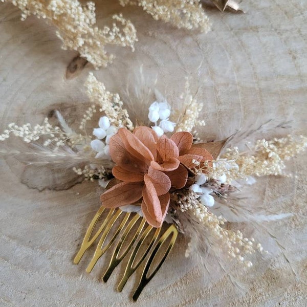 Peigne de fleurs séchées& stabilisées crème, doré et terracotta clair- Peigne pampa Peigne mariage -Peigne fleuri Accessoire coiffure mariée