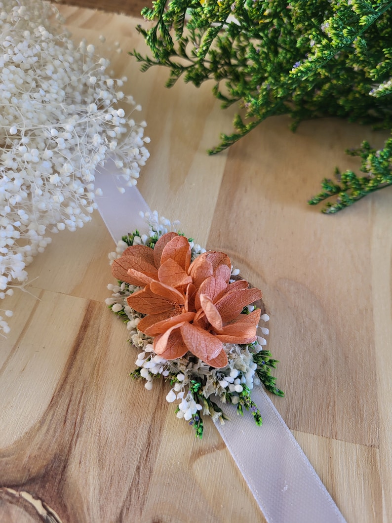 Bracelet en fleurs séchées &stabilisées blanc, vert /Blanc,vert,terracotta Mariage/Mariée/Demoiselle d'honneur Accessoires fleuris image 6