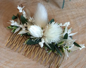 Peigne fleurs séchées et stabilisées vert et blanc- Accessoire coiffure mariage- Peigne bohème et champêtre- Peigne de la Mariée