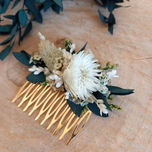 Peigne Barette pince de fleurs séchées et stabilisées fleurs verte et crème peigne eucalyptus Peigne mariage image 4