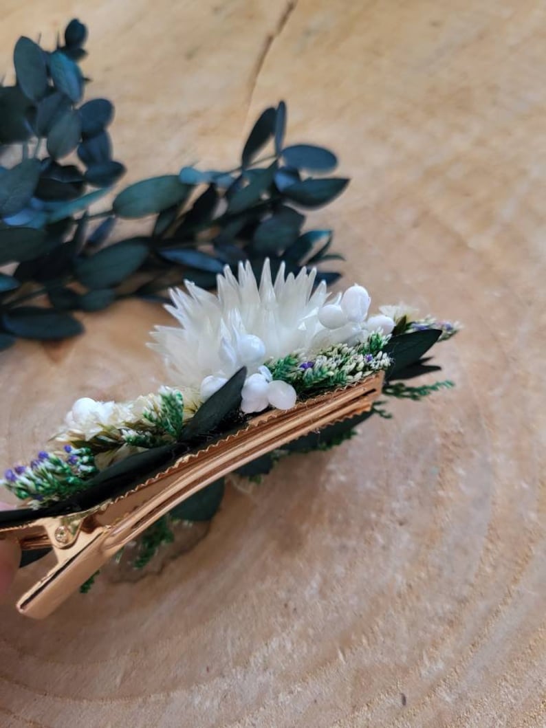 Comb Barette clip of dried and preserved flowers green and cream flowers eucalyptus comb Wedding comb image 6