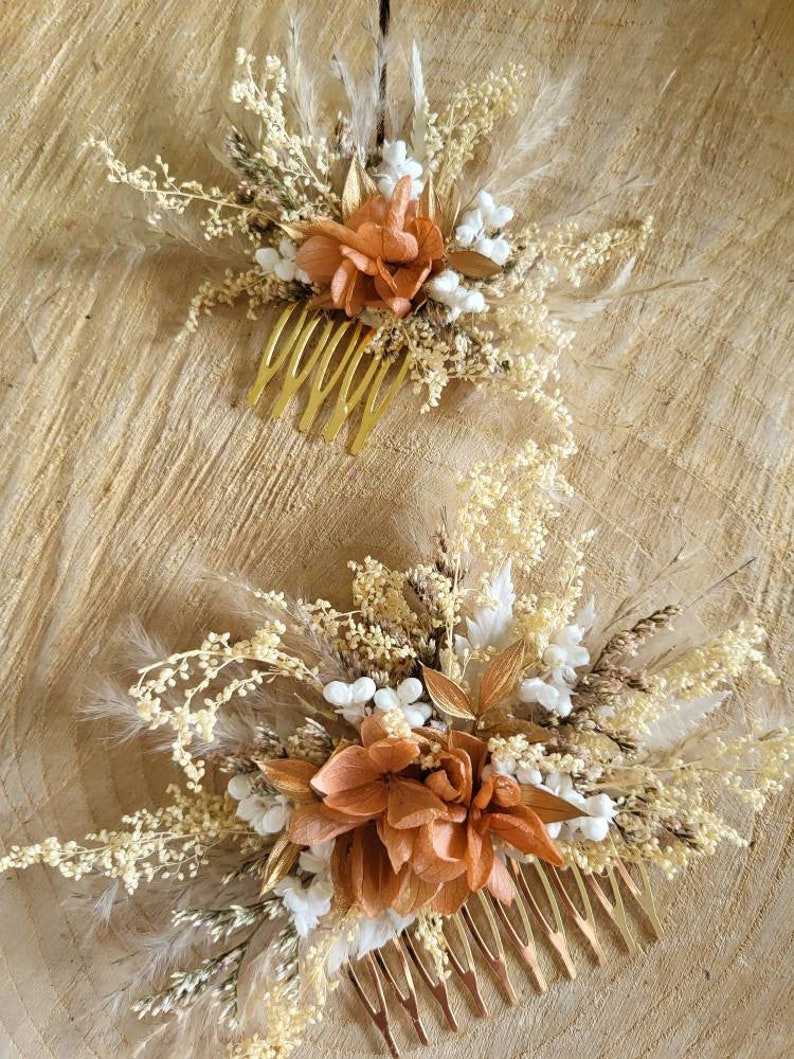 Peigne de fleurs séchées& stabilisées crème, doré et terracotta clair Peigne pampa Peigne mariage Peigne fleuri Accessoire coiffure mariée image 6