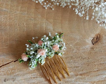 Mini pettine realizzato con fiori verdi, bianchi e rosa essiccati e conservati - Pettine da sposa - Pettine da damigella d'onore - Accessorio boho floreale