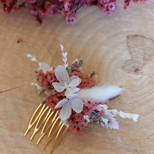 Mini peigne fleurs séchées et stabilisées rose, corail Accessoire coiffure mariage- Peigne Mariée et demoiselle d'honneur- Peigne fleuri