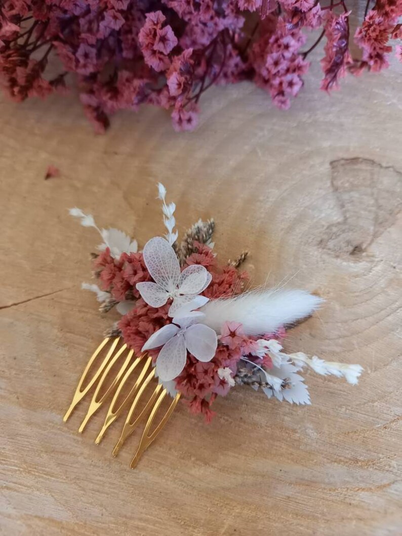 Mini peigne fleurs séchées et stabilisées rose, corail Accessoire coiffure mariage Peigne Mariée et demoiselle d'honneur Peigne fleuri image 1