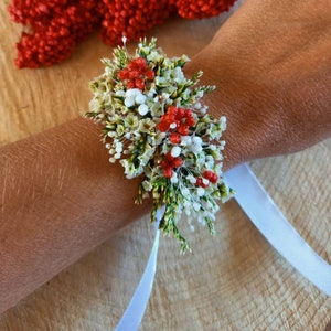 Bracelet en fleurs séchées &stabilisées blanc vert et rose Mariage/Mariée/Demoiselle d'honneur Accessoires fleuris, bracelet fleurs blanches Rouge