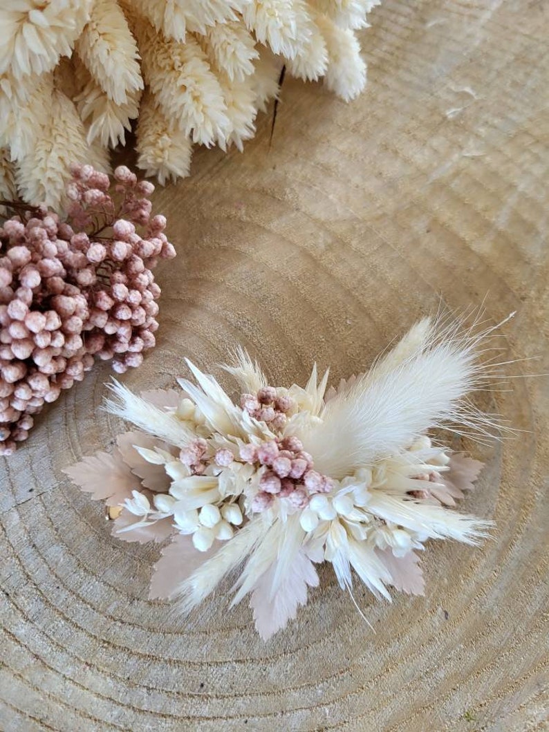 Pince barrette fleurs séchées et stabilisées blanche/crème Accessoire coiffure Peigne mariage Mariée, demoiselle d'honneur Peigne enfant Rose poudré