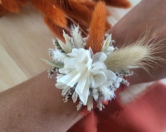 Terracotta armband gerafeld lint in mousseline van gedroogde en geconserveerde bloemen - Trouwarmband - Bruidsmeisjesarmband