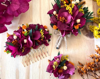 Peigne mariage fleurs séchées & stabilisées colorées orange,rose violet, jaune, vert- Peigne mariage- Bracelet mariage Boutonnière