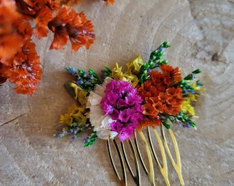 Mini comb in colored dried and stabilized flowers - Hair accessory -Wedding-Bride-Bridesmaid- Flashy flower comb