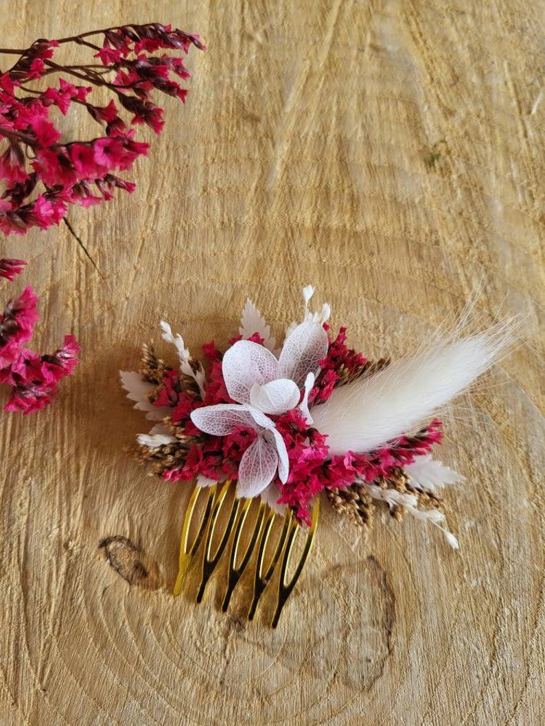 Mini peigne fleurs séchées et stabilisées rose, corail Accessoire coiffure mariage Peigne Mariée et demoiselle d'honneur Peigne fleuri image 3