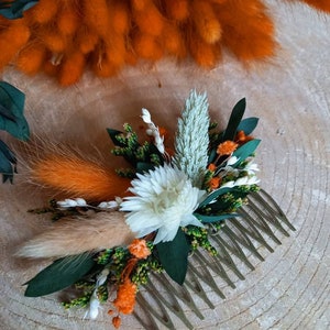 Peigne de fleurs séchées et stabilisées orange terracotta, vert et crème Accessoire coiffure mariage Peigne mariage bohème image 1