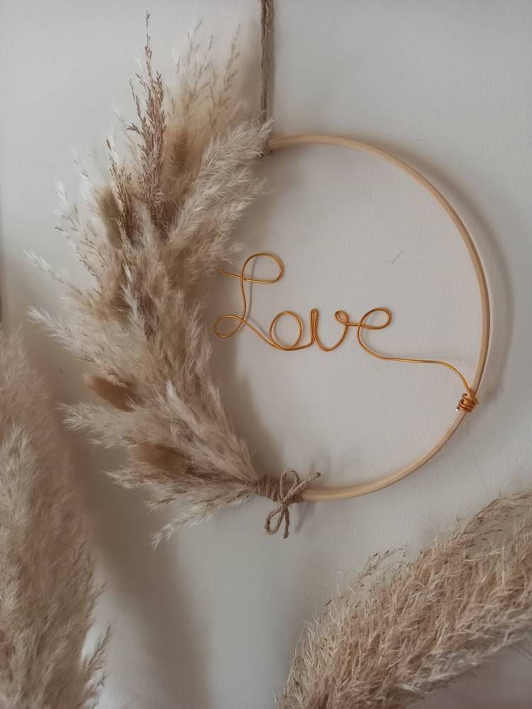 Couronne Murale Herbe de Pampa Naturelle et Personnalisée - Love- Prénom- Cercle Fleuri- Composition
