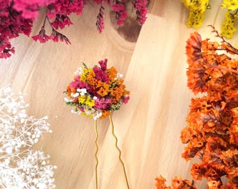Fermaglio per capelli da sposa/per acconciatura raccolta, con fiori secchi e conservati colorati - Accessorio per capelli da sposa - Sposa, Damigella d'onore
