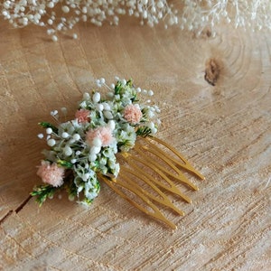 Mini peigne en fleurs séchées et stabilisées vert, blanc et rose Peigne Mariée Peigne demoiselle d'honneur Accessoire bohème fleuri image 2