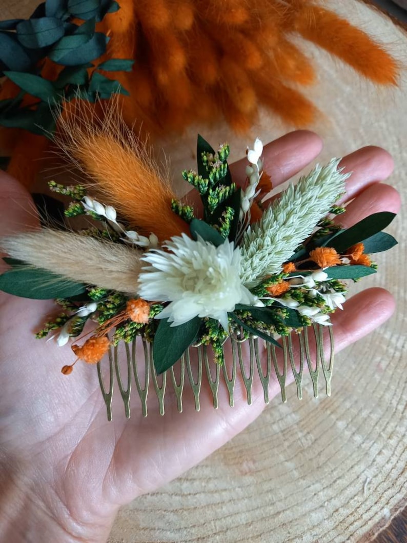 Peigne de fleurs séchées et stabilisées orange terracotta, vert et crème Accessoire coiffure mariage Peigne mariage bohème image 3