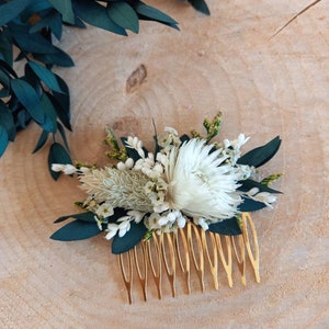 Peigne Barette pince de fleurs séchées et stabilisées fleurs verte et crème peigne eucalyptus Peigne mariage image 1