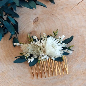 Rustic wedding comb Dried and stabilized flower clip barrette - green and cream flowers - eucalyptus comb - Wedding comb