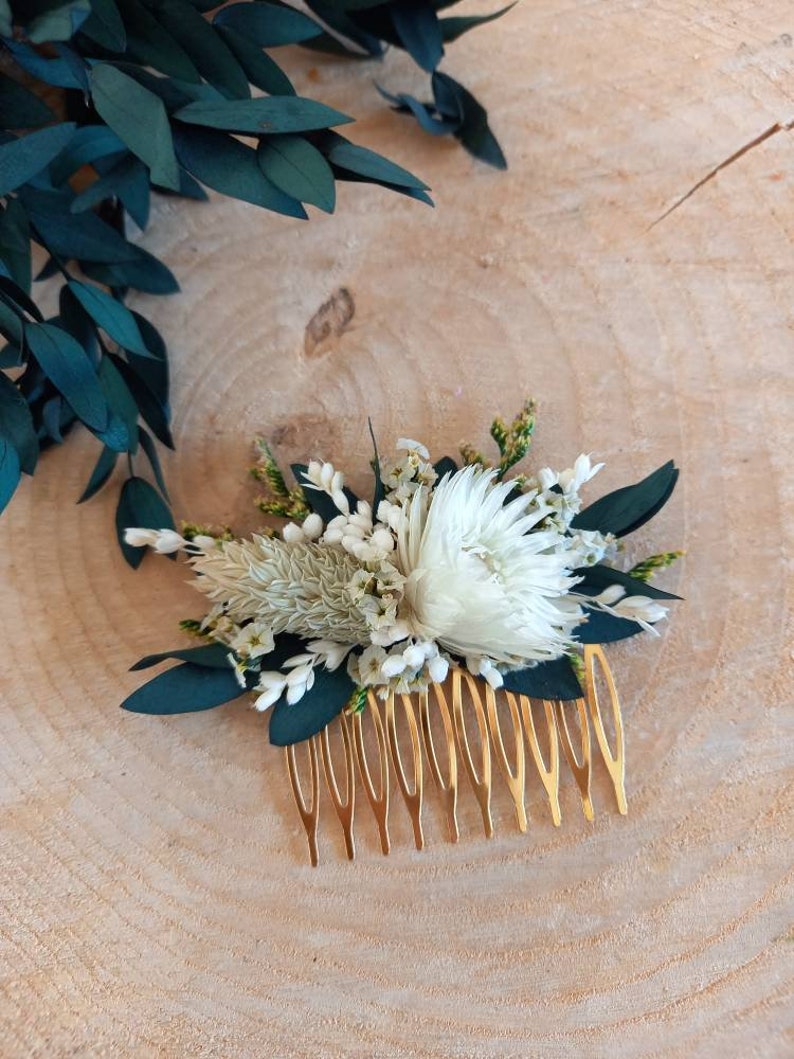 Comb Barette clip of dried and preserved flowers green and cream flowers eucalyptus comb Wedding comb Peigne