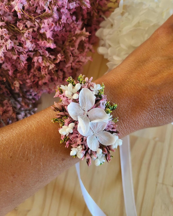 Bracelet ruban mariage fleurs séchées & stabilisées rose vert bleu jaune orange fushia Bracelet mariée demoiselle d'honneur Bracelet enfant