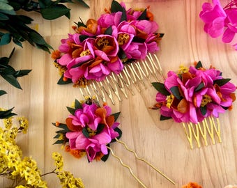 Wedding comb with dried and preserved flowers in orange, bright pink, yellow, and green - Wedding comb - Wedding bracelet Boutonniere