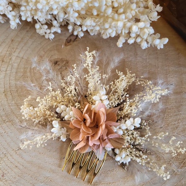 Peigne de fleurs séchées& stabilisées crème, doré et terracotta clair- Peigne pampa Peigne mariage -Peigne fleuri Accessoire coiffure mariée