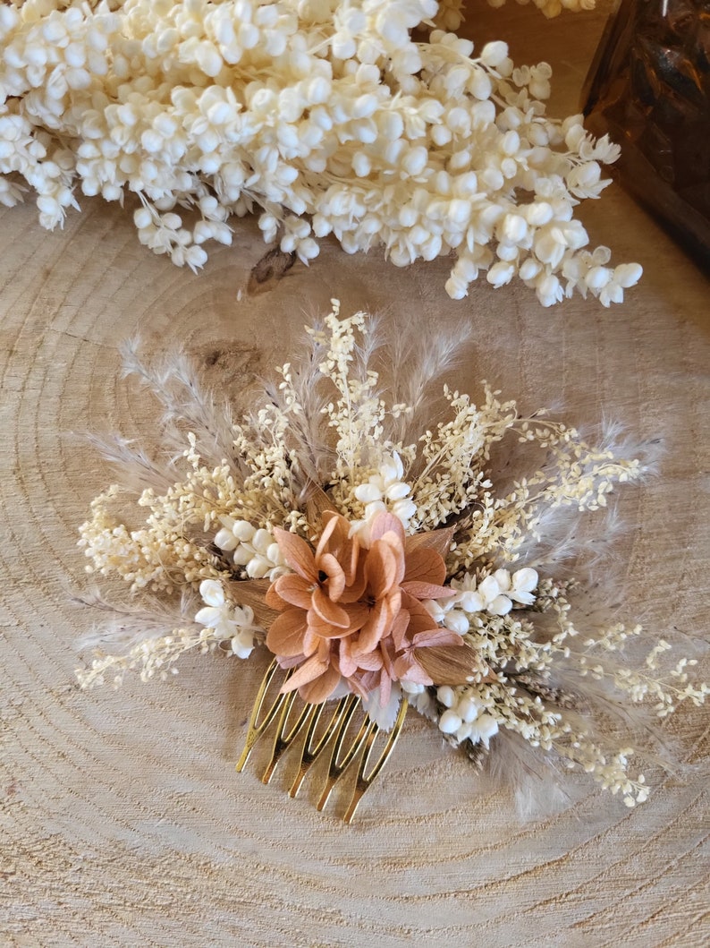 Peigne de fleurs séchées& stabilisées crème, doré et terracotta clair Peigne pampa Peigne mariage Peigne fleuri Accessoire coiffure mariée image 1