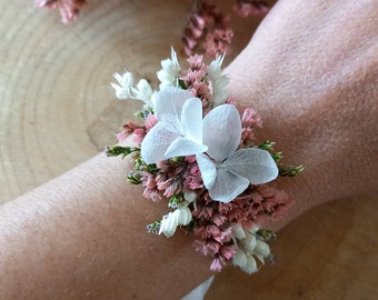 Pulsera de flores rosas, blancas, verdes, rojas secas y conservadas - Pulsera de boda - Novia - Dama de honor - Pulsera infantil