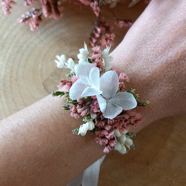 Bracelet de fleurs séchées et stabilisées rose, blanc, vert, rouge - Bracelet mariage- Mariée- Demoiselle d'honneur - Bracelet enfant
