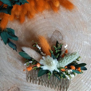 Peigne de fleurs séchées et stabilisées orange terracotta, vert et crème Accessoire coiffure mariage Peigne mariage bohème image 2