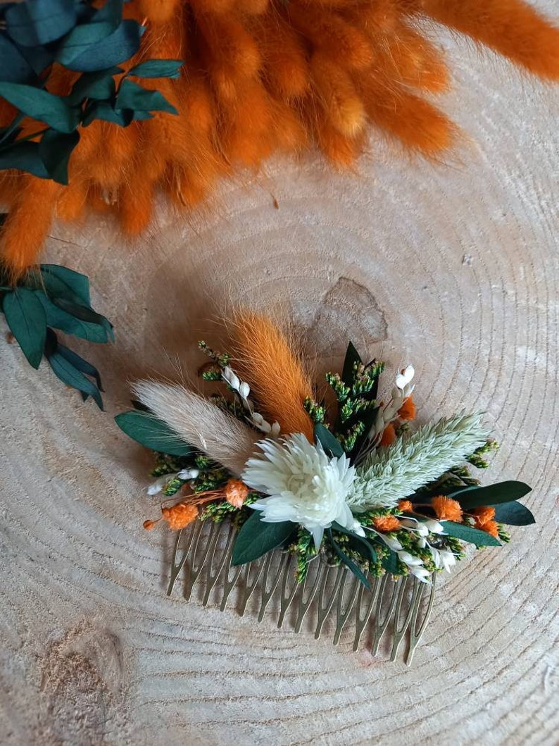 Peigne de fleurs séchées et stabilisées orange terracotta, vert et crème Accessoire coiffure mariage Peigne mariage bohème image 2