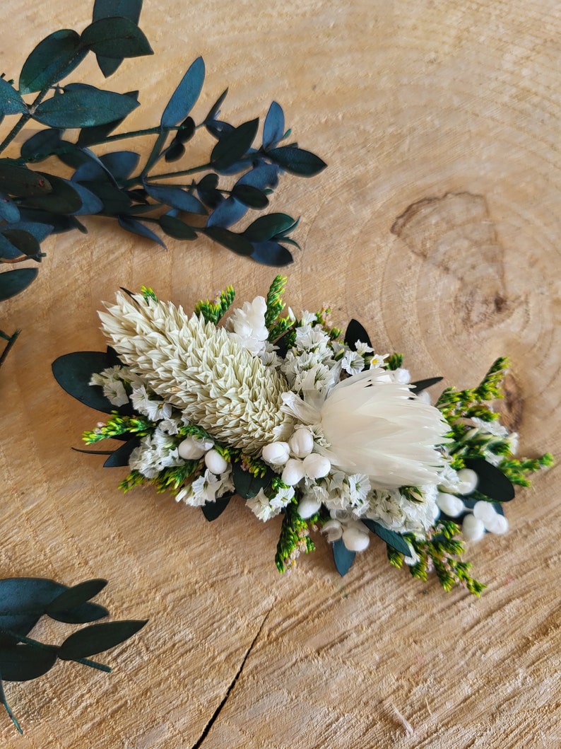 Comb Barette clip of dried and preserved flowers green and cream flowers eucalyptus comb Wedding comb image 8