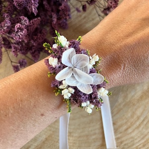 Dried & preserved flower ribbon wedding bracelet in pink, green, blue, yellow, orange, and fuchsia. Bride/bridesmaid bracelet. Children's bracelet. Violet