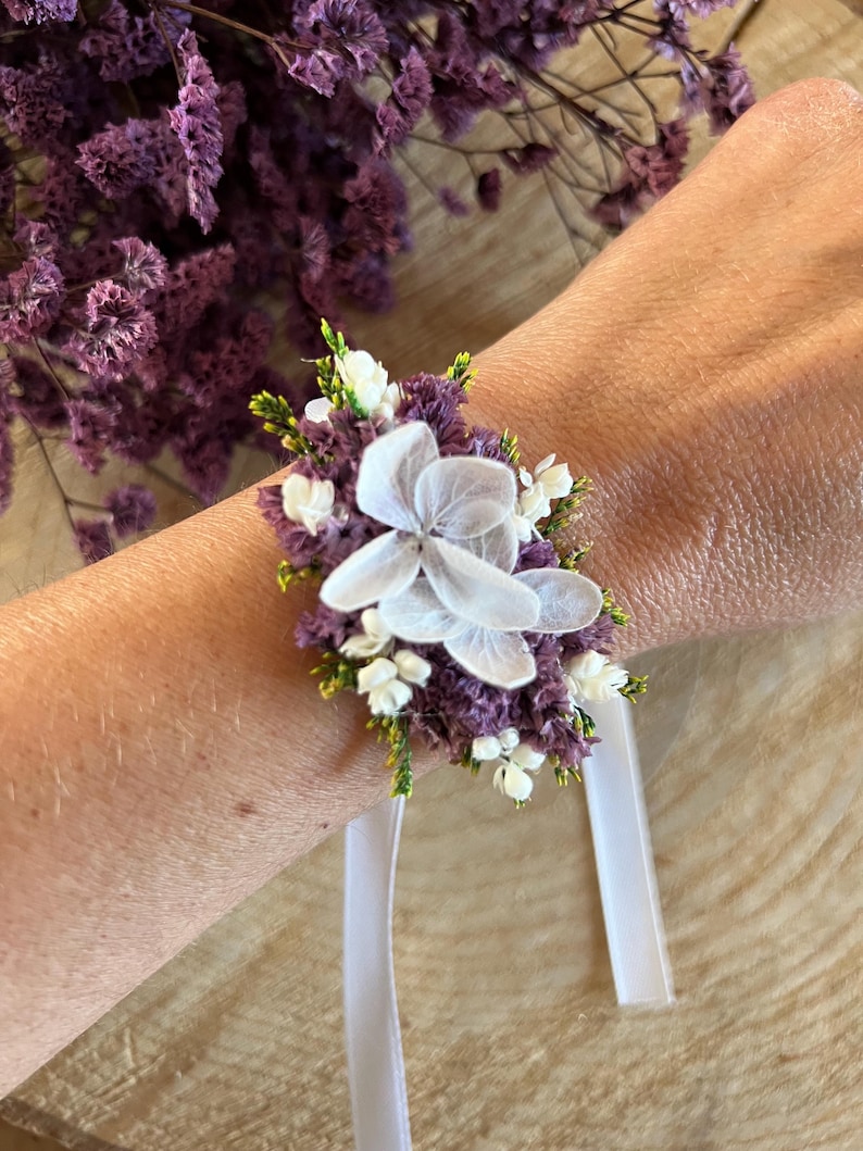 Dried & preserved flower ribbon wedding bracelet in pink, green, blue, yellow, orange, and fuchsia. Bride/bridesmaid bracelet. Children's bracelet. Violet