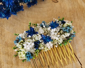 Gedroogde en geconserveerde bloemenkam Bruilofts-/bruidshaarkapsel Bloemenkam Blauwe bloemenkam