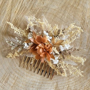 Peigne de fleurs séchées& stabilisées crème, doré et terracotta clair Peigne pampa Peigne mariage Peigne fleuri Accessoire coiffure mariée Grand peigne