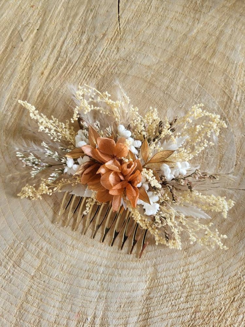 Peigne de fleurs séchées& stabilisées crème, doré et terracotta clair Peigne pampa Peigne mariage Peigne fleuri Accessoire coiffure mariée image 5