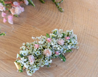 Barrette / Pince fleurs séchées et stabilisées Coiffure mariage- Accessoire mariée - Barrette fleuri blanche verte et rose