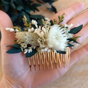 Peigne Barette pince de fleurs séchées et stabilisées fleurs verte et crème peigne eucalyptus Peigne mariage image 3